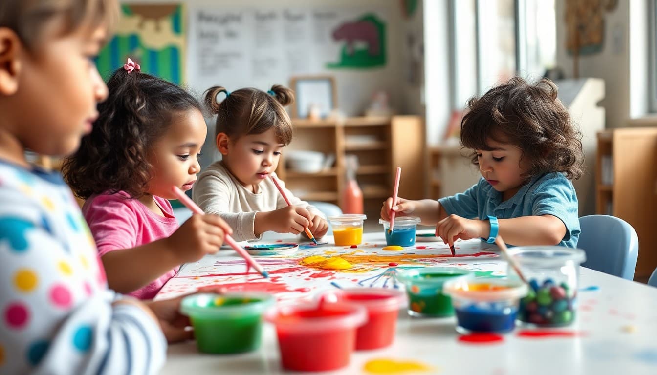 Pre-K children painting freely at an art exploration table with a variety of materials and colors