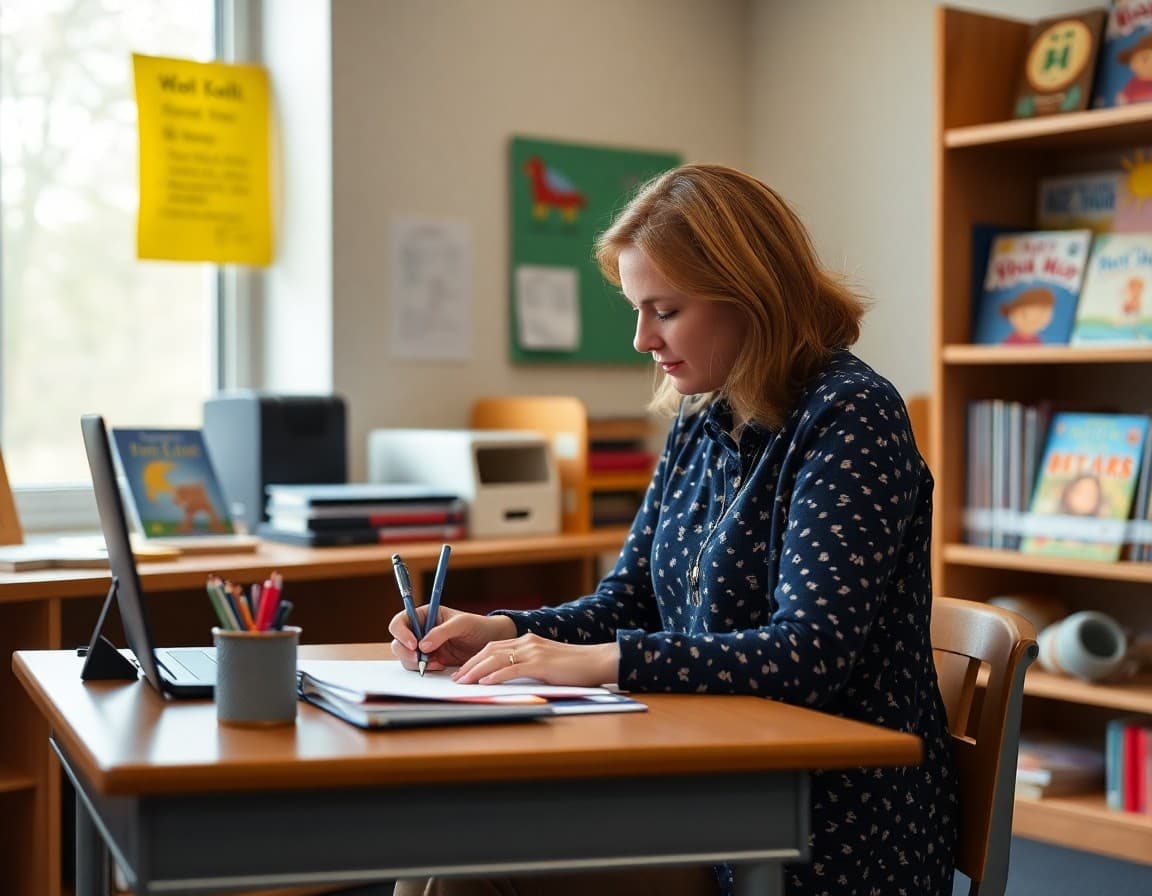 Pre-K teacher writing a book nook newsletter at a desk with picture books visible on the shelf