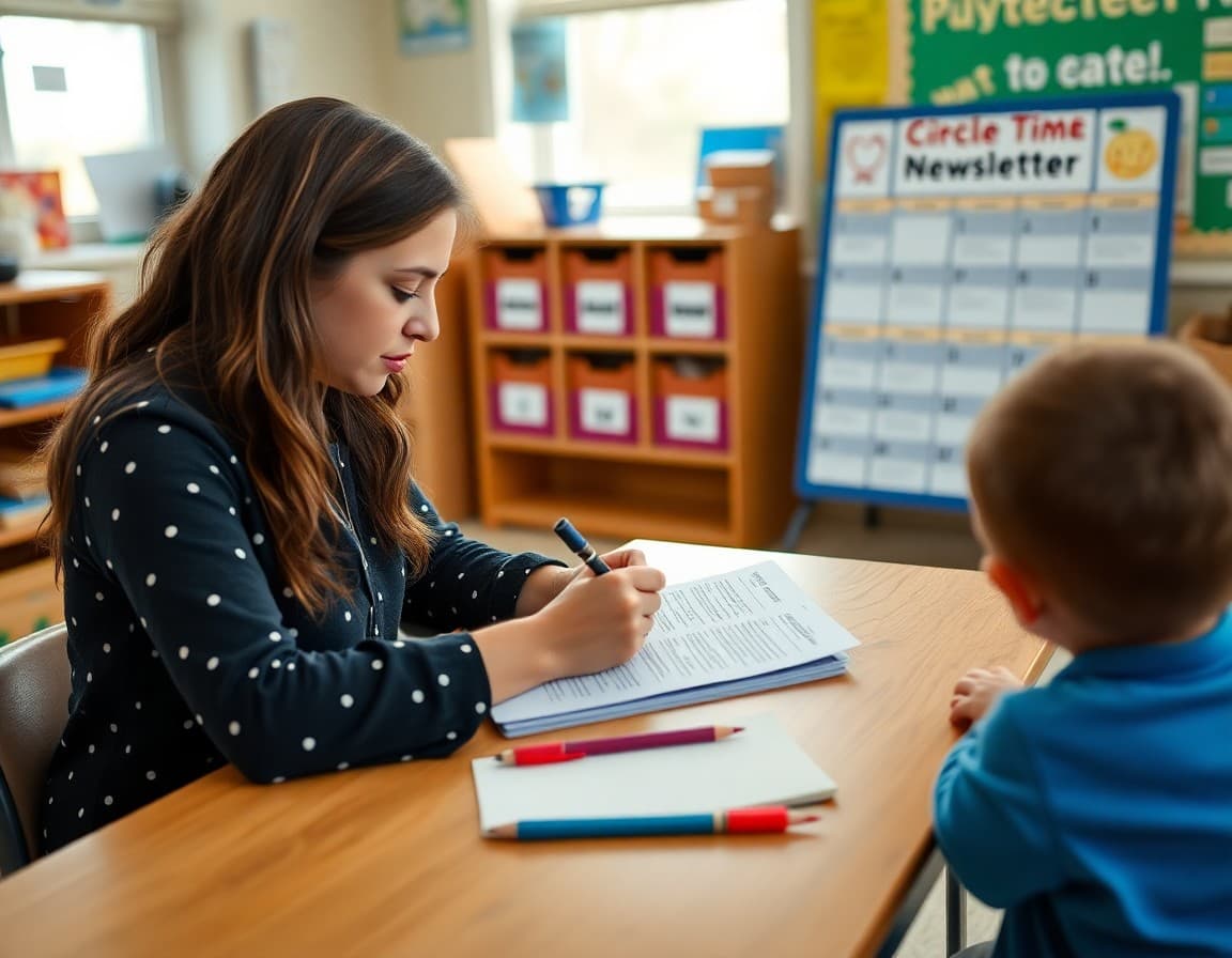 Pre-K teacher writing a circle time newsletter at a classroom desk with a calendar display nearby