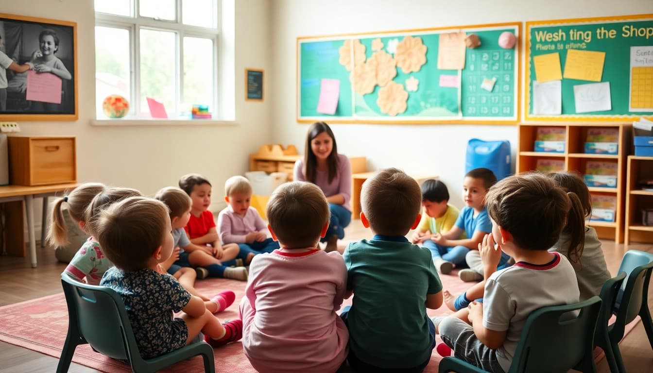 Pre-K children seated in a circle with a teacher during morning meeting