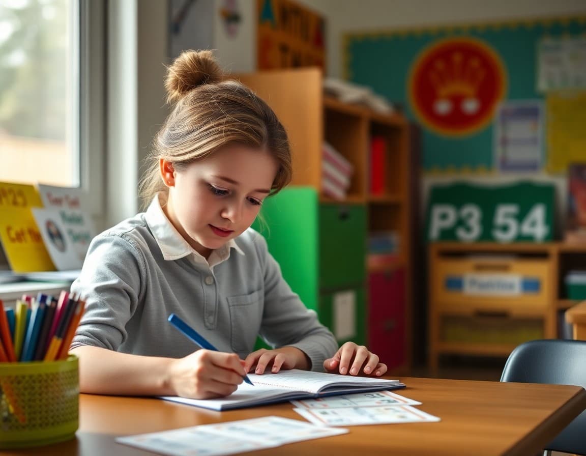 Pre-K teacher writing a comparison math newsletter with comparison cards visible nearby