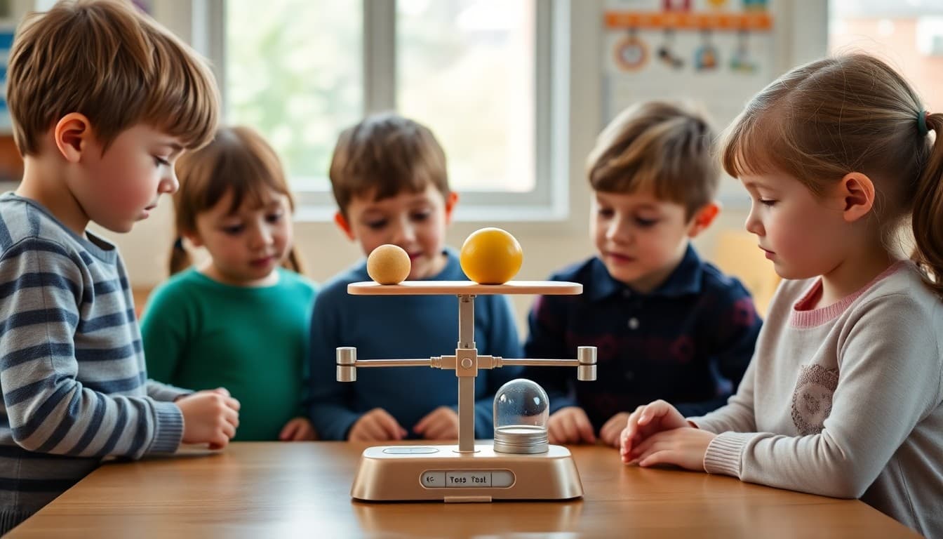 Pre-K children using a balance scale to compare weights of different objects