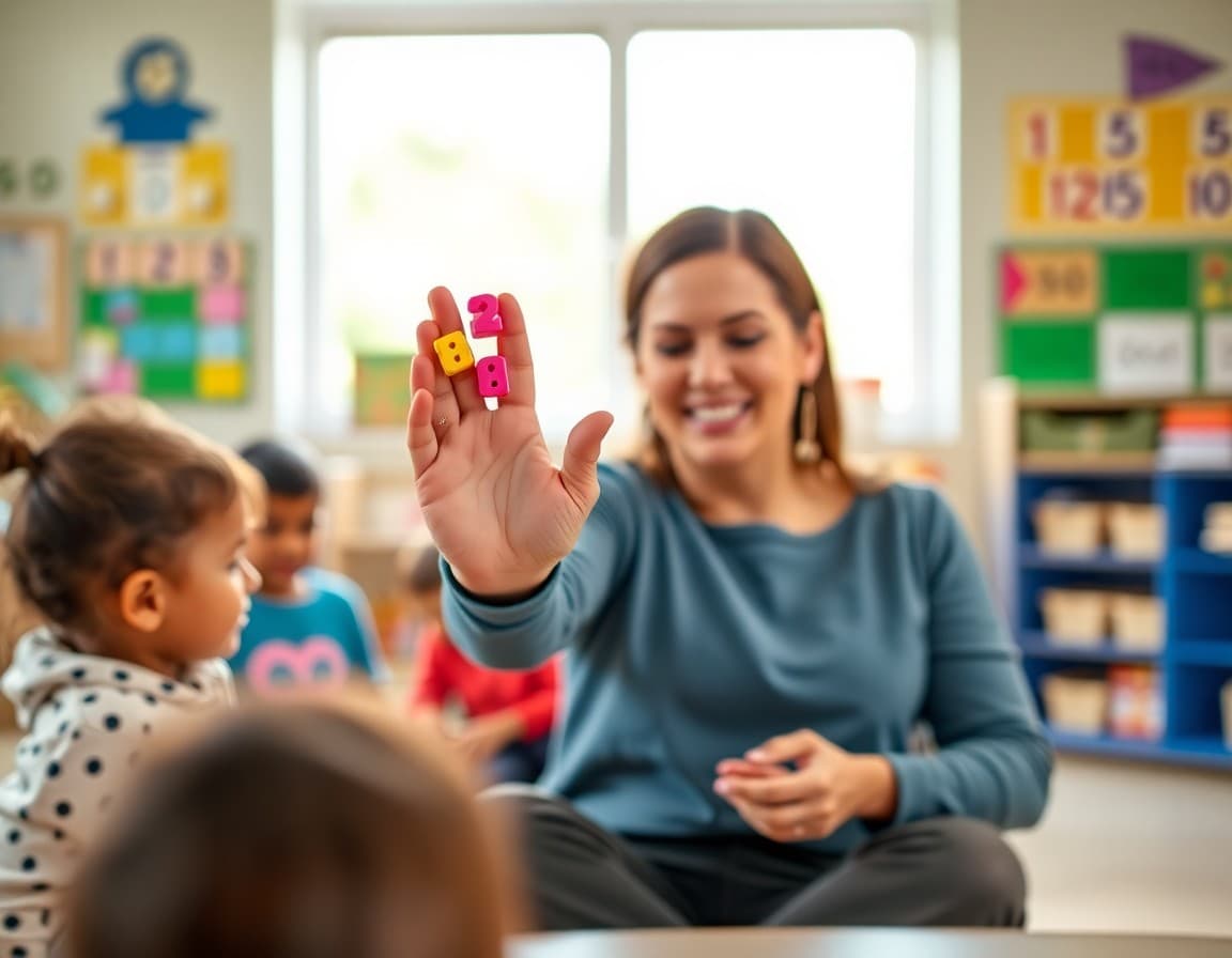 Pre-K teacher holding up counting manipulatives during a circle time counting lesson