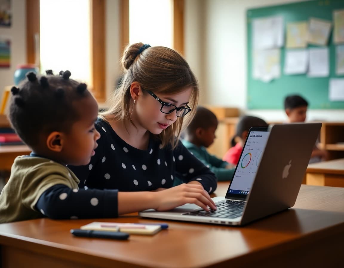 Pre-K teacher writing an ESGI assessment newsletter with assessment data visible on a laptop