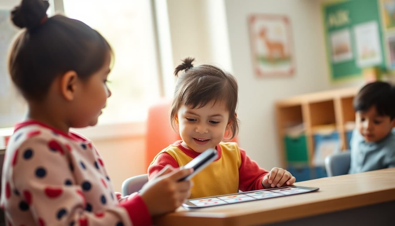 Pre-K teacher conducting an ESGI assessment with a child using digital flashcards on a tablet