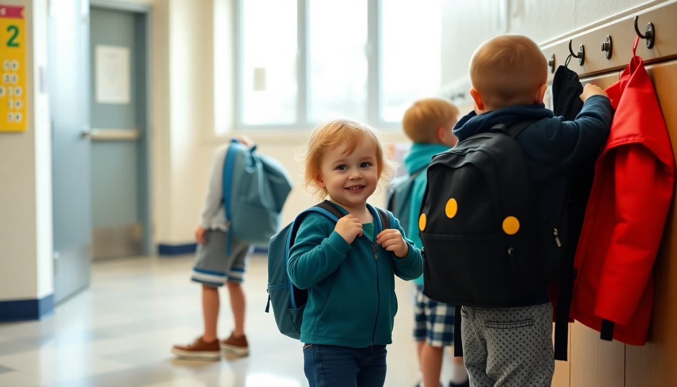 Pre-K children practicing independence skills like zipping backpacks and hanging up coats