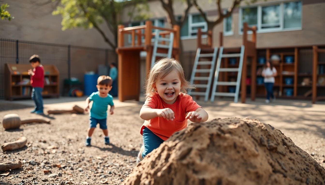 Pre-K children playing in a schoolyard with climbing structures and natural materials