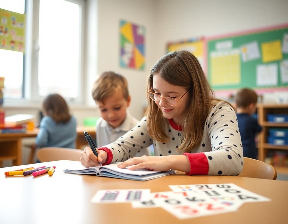 Pre-K teacher writing a pattern unit newsletter with pattern strips visible nearby