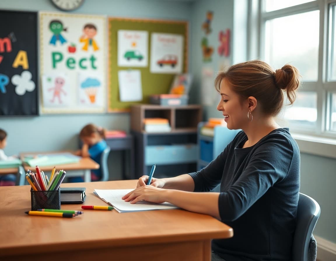 Pre-K teacher writing a transition newsletter at a desk with children's artwork on the wall