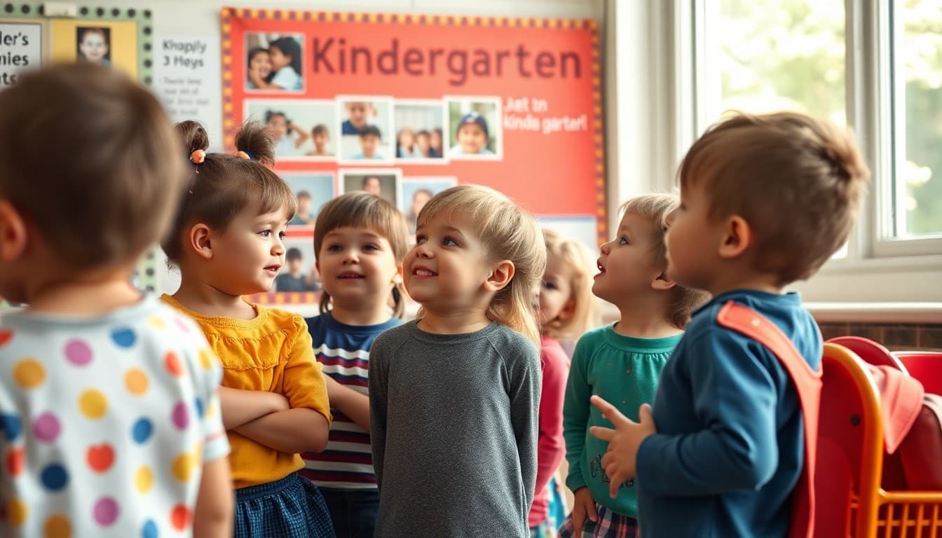 Pre-K children looking excited at a display about kindergarten with photos and signs