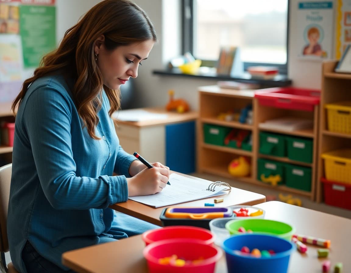 Pre-K teacher writing a sensory play newsletter at a desk with sensory materials nearby