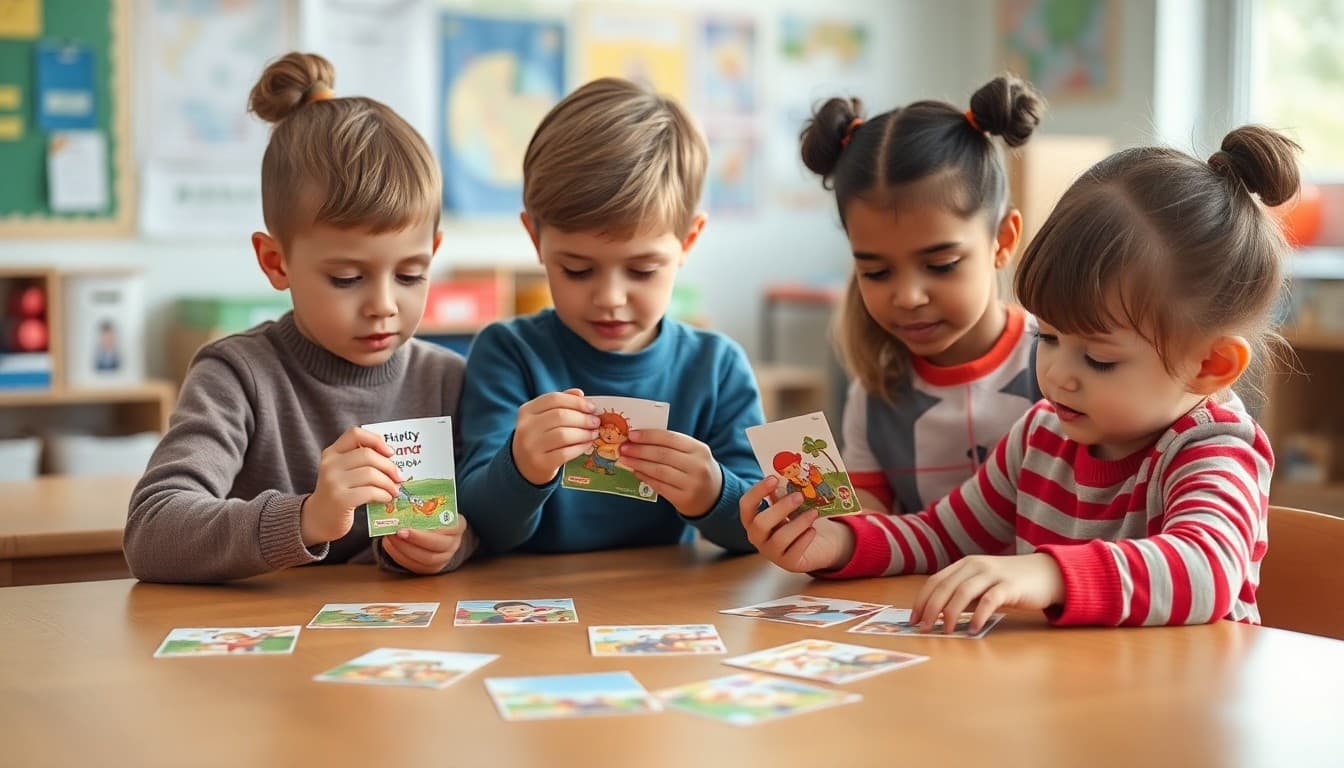 Pre-K children arranging picture cards in story sequence order on a classroom table