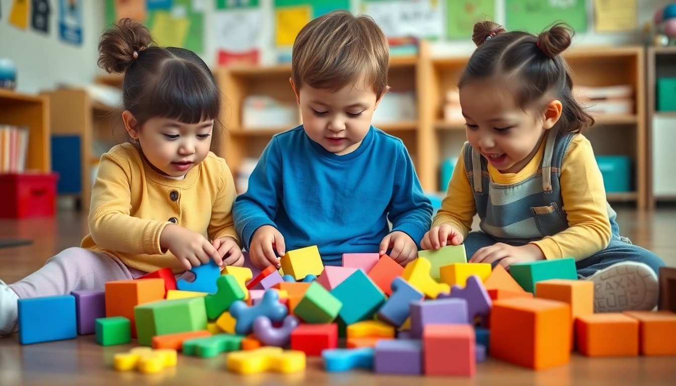 Pre-K children sorting foam shapes by type and color on a classroom floor
