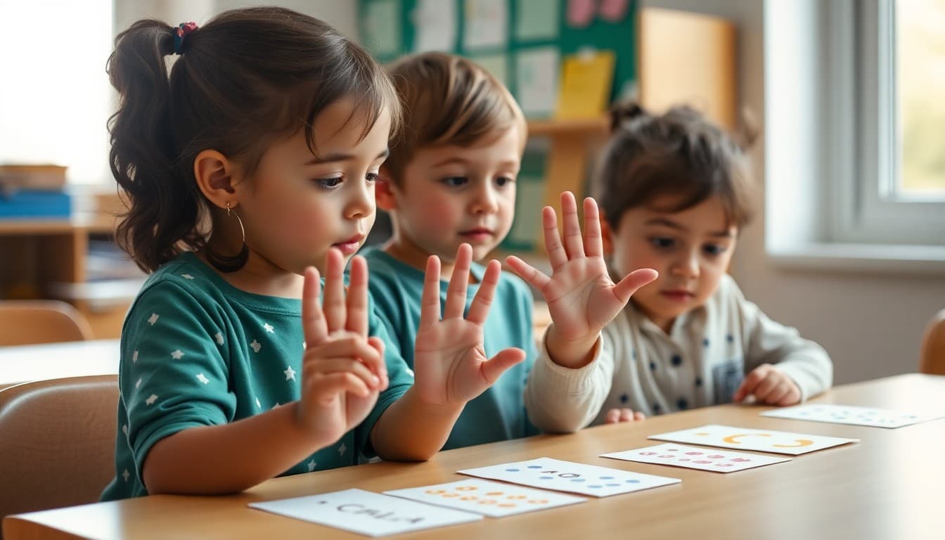 Pre-K children looking at dot cards and raising fingers to show quantity recognition