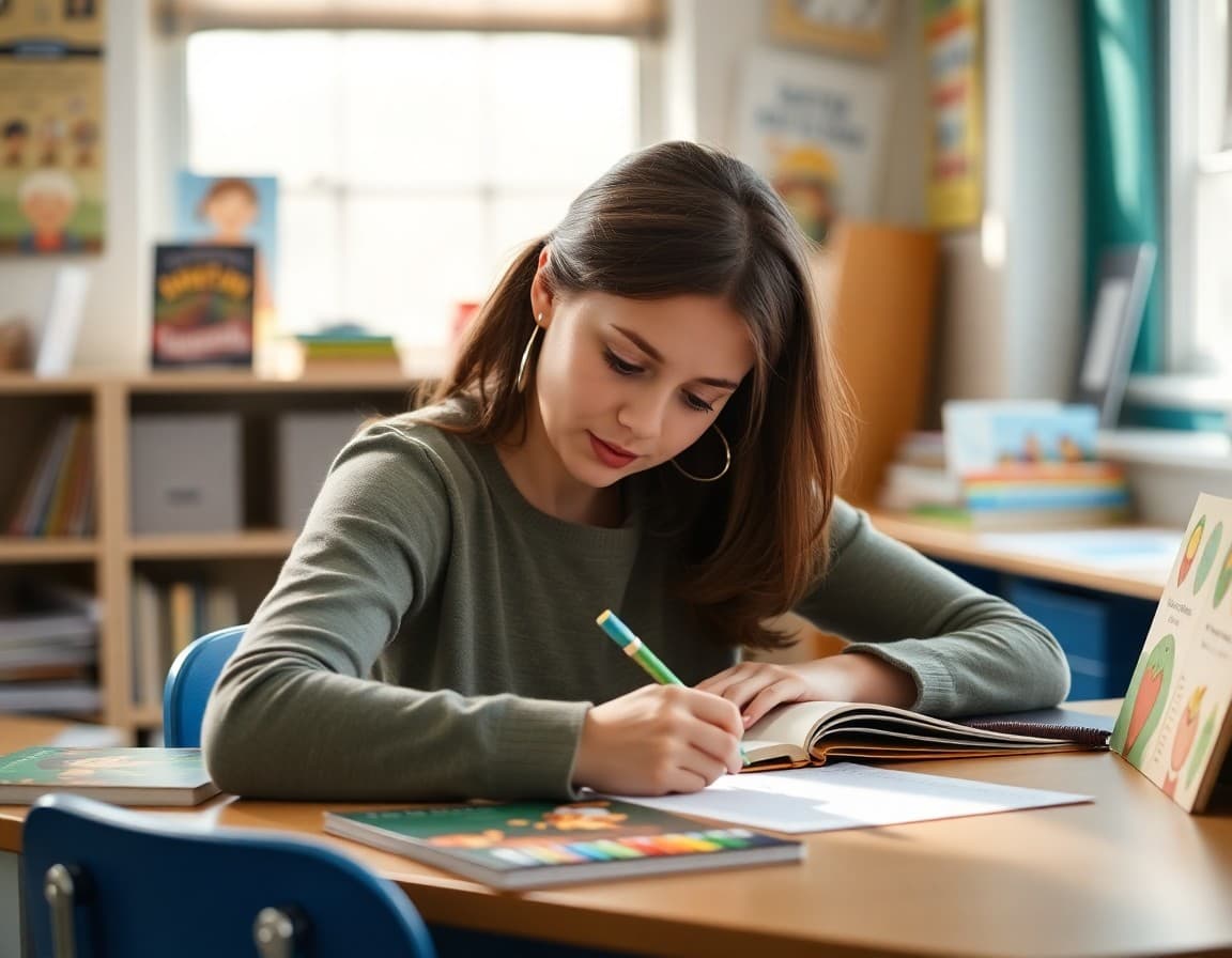 Pre-K teacher writing a wordless book newsletter at a desk with picture books nearby