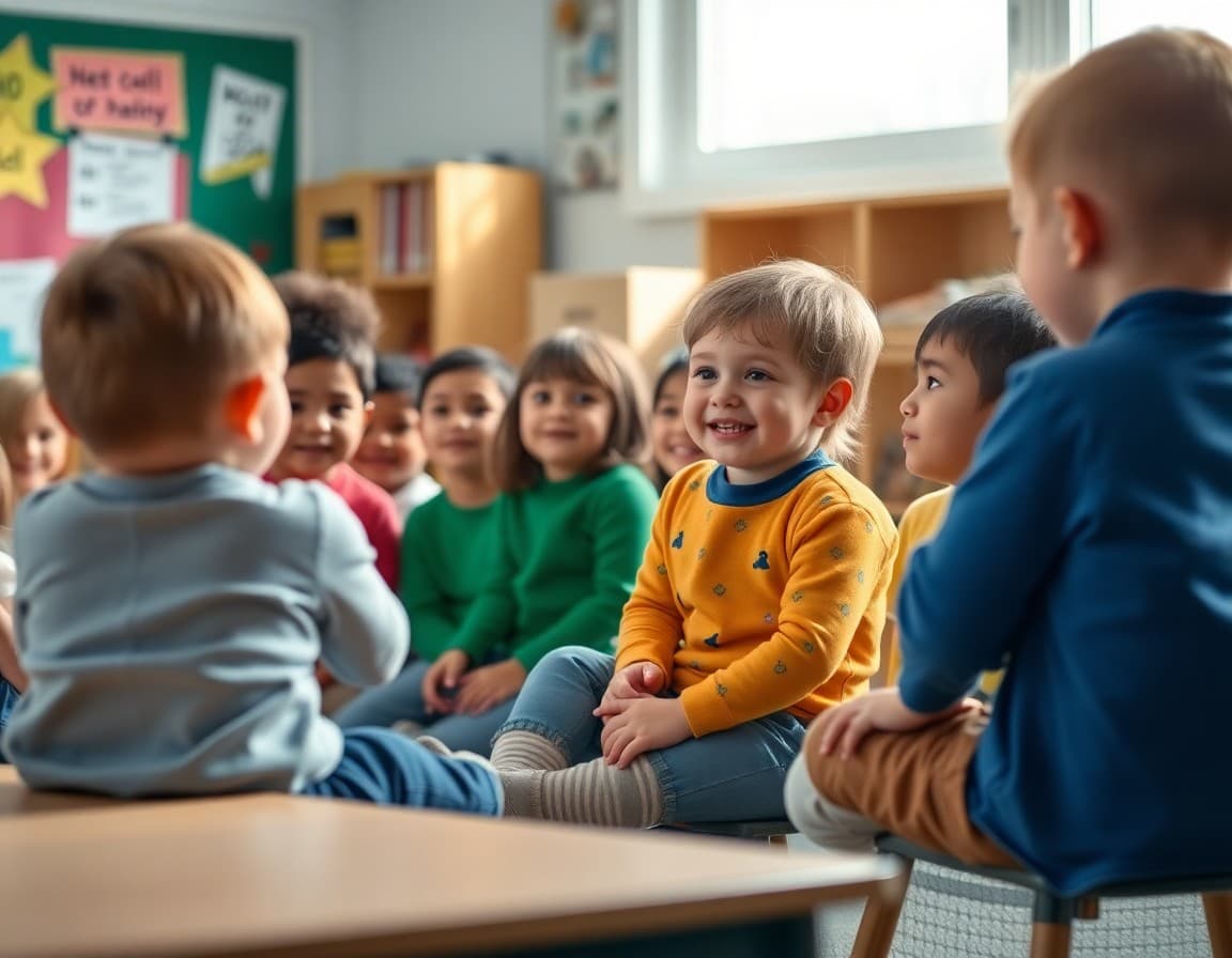 Universal pre-K classroom with diverse group of four-year-olds in morning circle time
