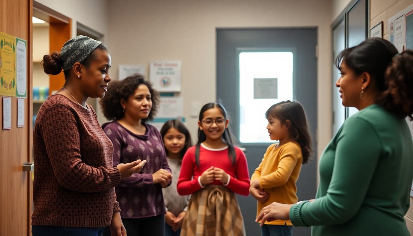 Families enrolling in universal pre-K program at school office with administrator