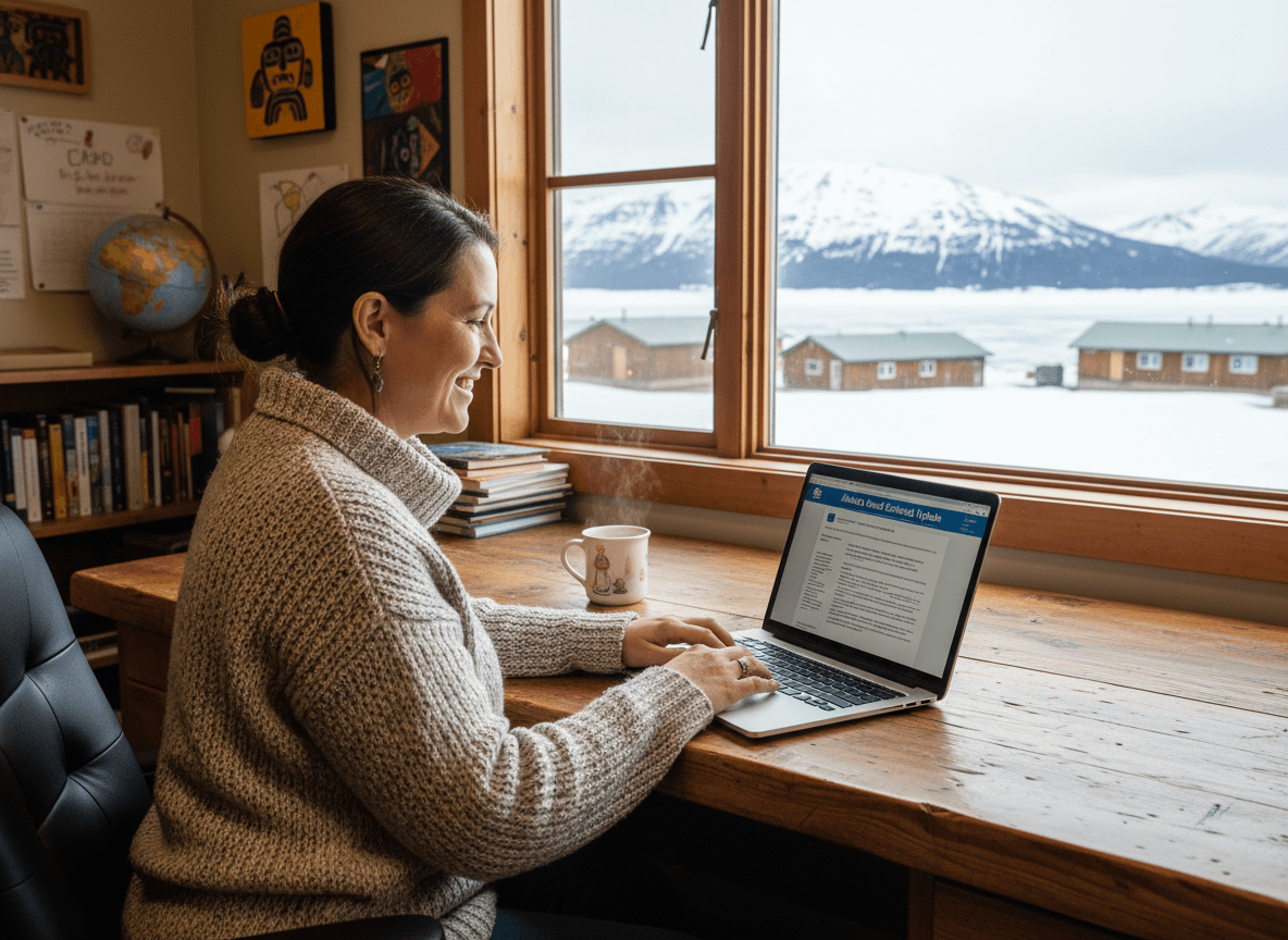 Alaska principal sending newsletter update to rural school community on laptop