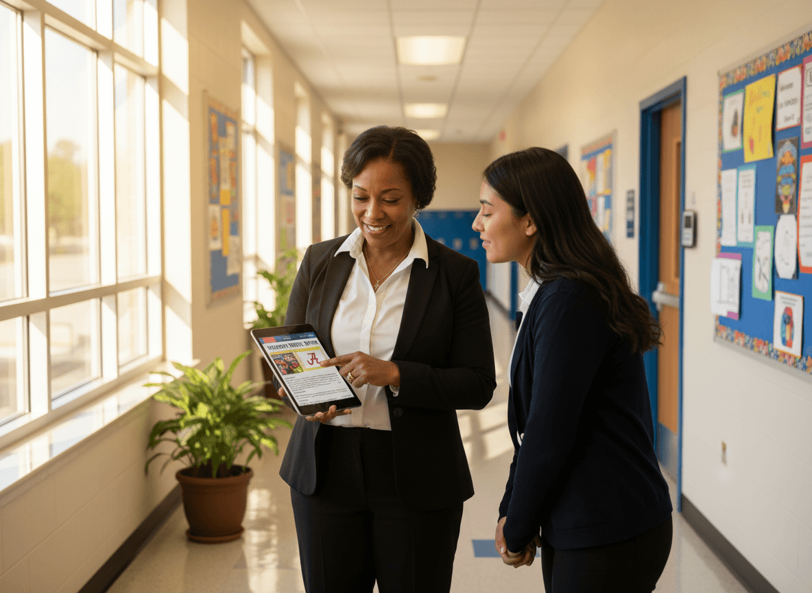 Alabama school principal meeting with parent in hallway with newsletter on tablet