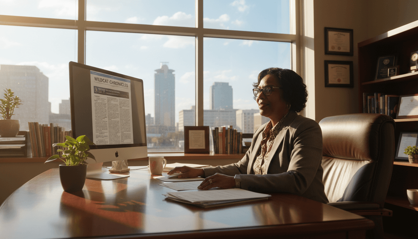 Alabama principal reviewing newsletter on computer in school office with Birmingham skyline outside window