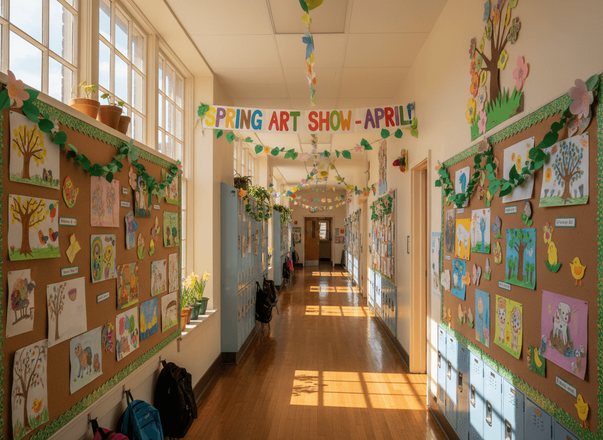 School hallway with spring decorations and student artwork displayed on bulletin boards in April