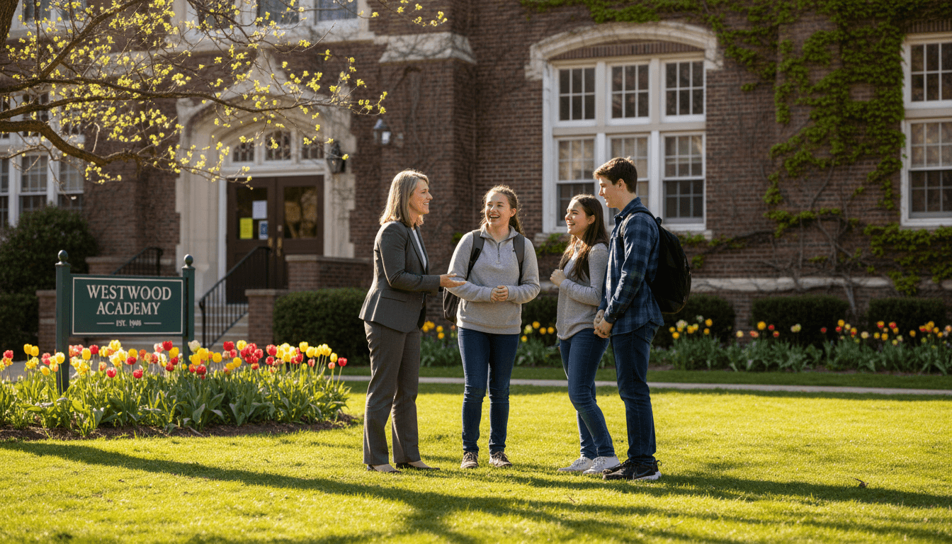 Assistant principal talking with students outside the school building on a spring day in April