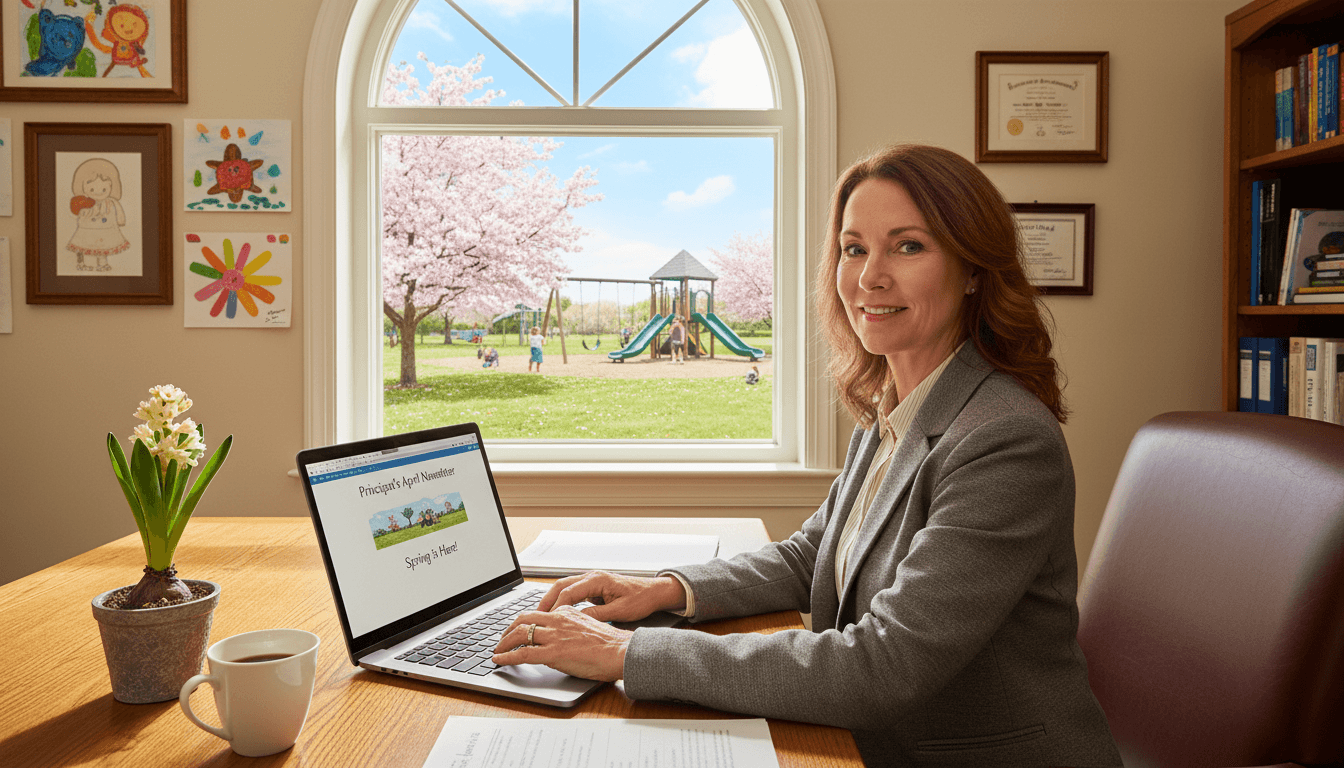 School principal writing April newsletter with spring scene visible through school window