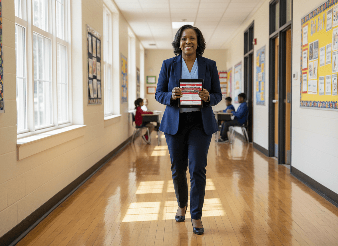 Arkansas principal walking hallway with tablet showing parent newsletter