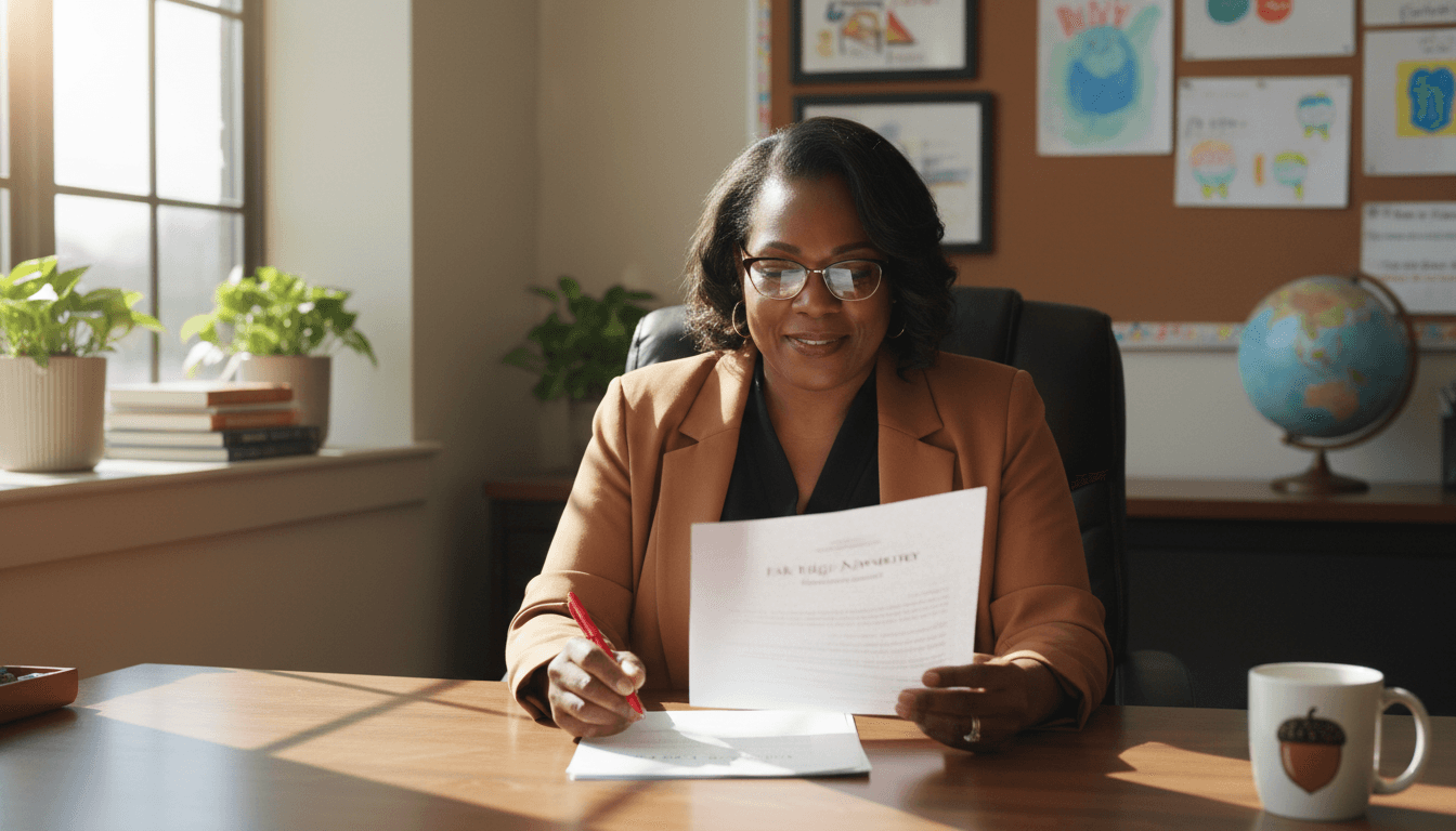 Arkansas school principal reviewing family newsletter draft at desk in school office