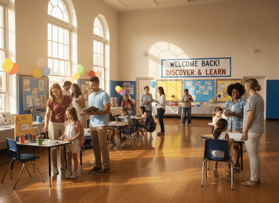 Students and parents at a back-to-school open house event in August