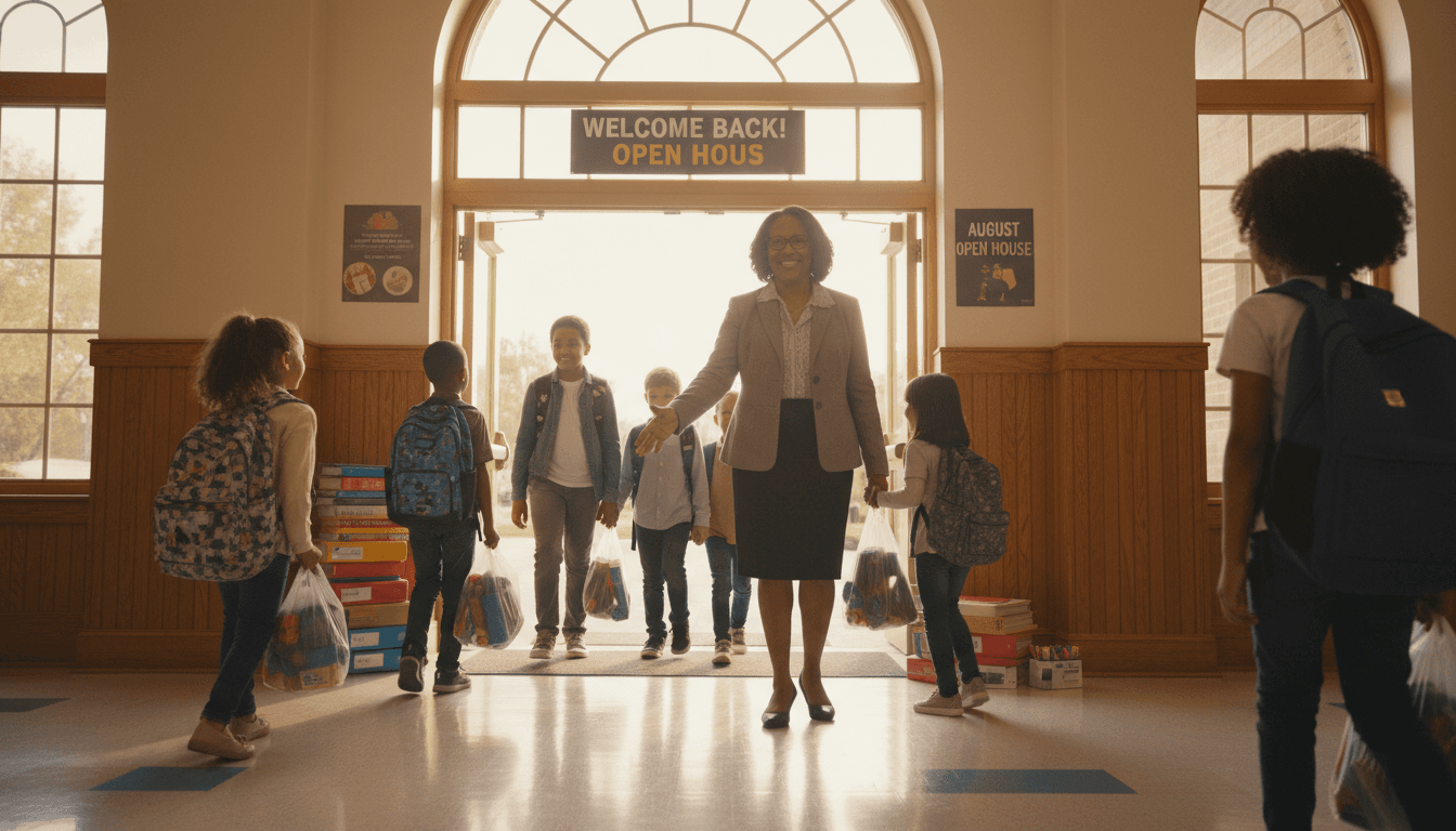 School principal welcoming families to an August open house with backpacks and supplies visible
