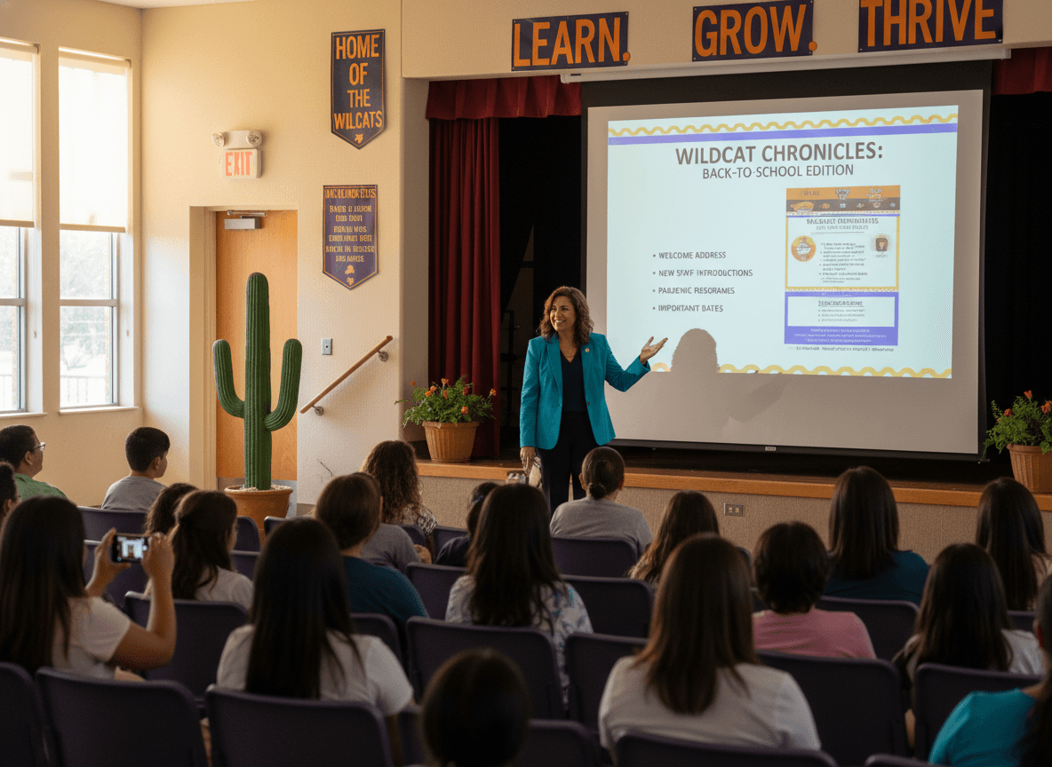 Arizona principal presenting newsletter on screen during back-to-school night