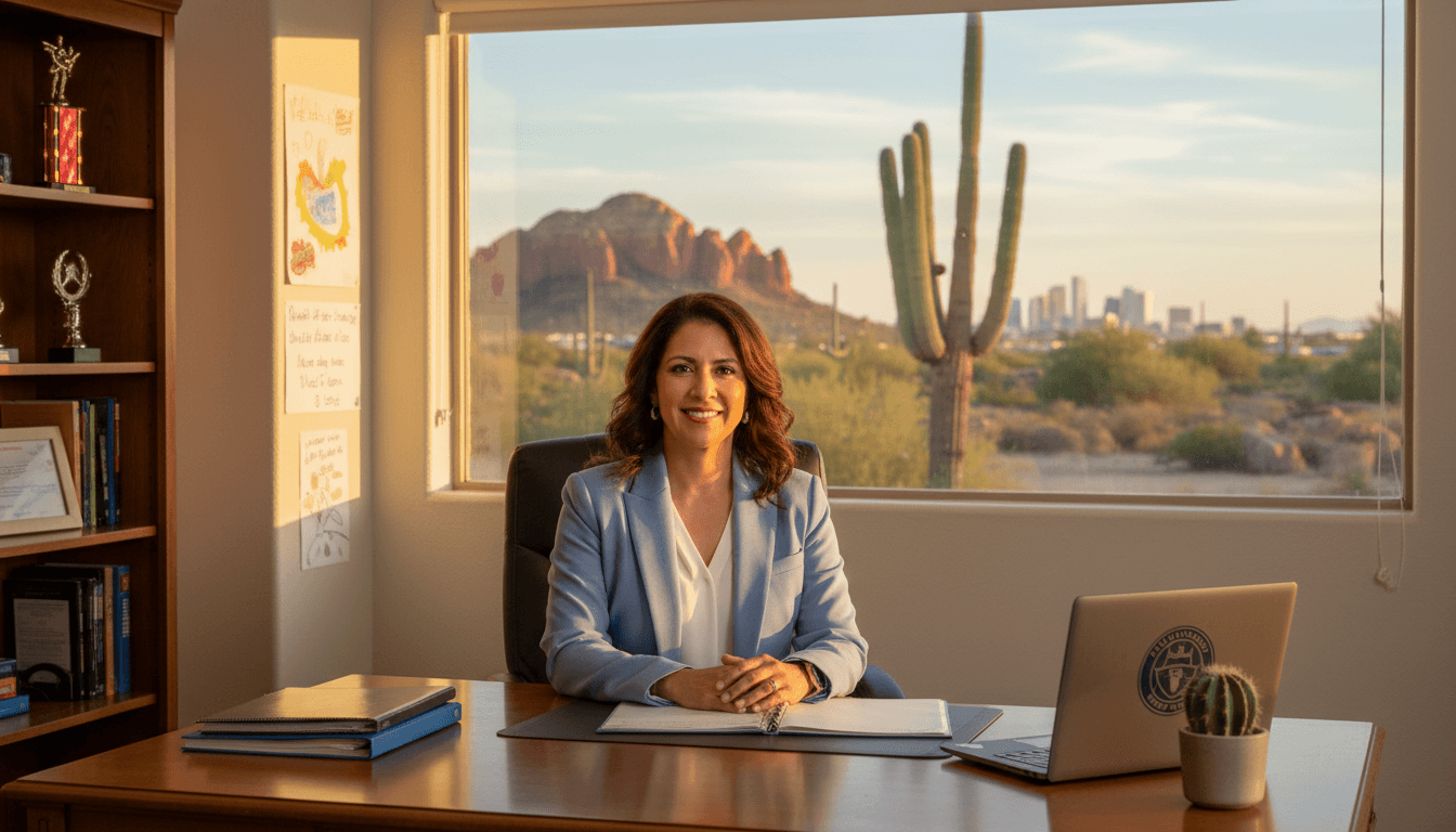 Arizona school principal at desk with desert landscape visible through school office window in Phoenix