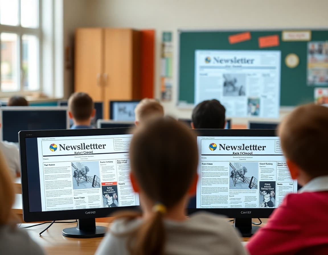 Side-by-side view of different school newsletter formats on screens