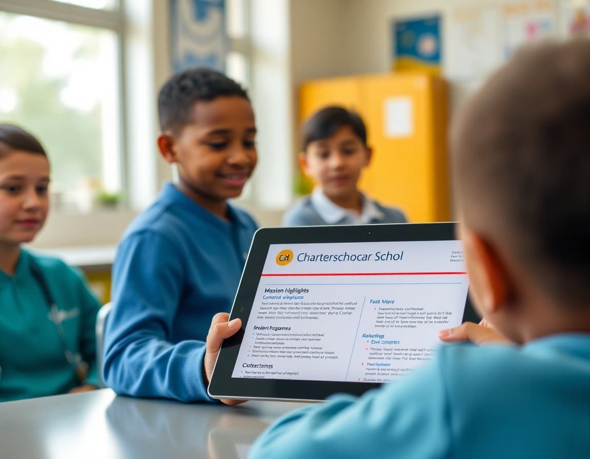 Charter school newsletter on a tablet showing mission highlights and student outcomes