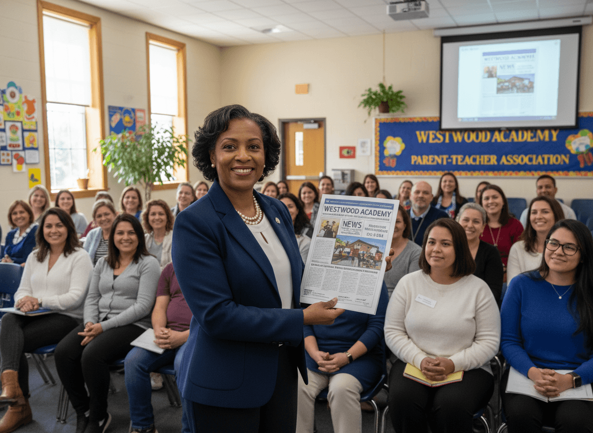 Connecticut principal presenting school newsletter during PTA meeting in suburban school