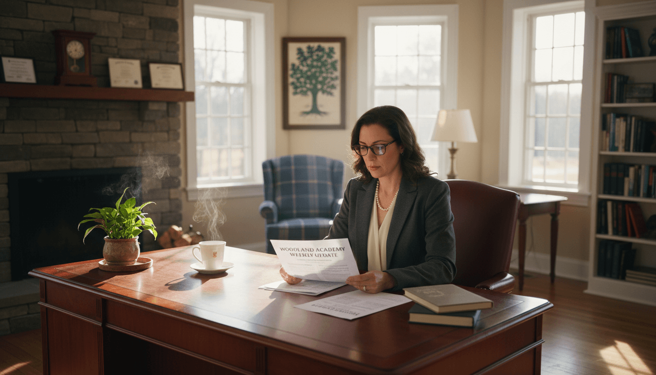 Connecticut school principal reviewing parent newsletter at desk in New England-style school office