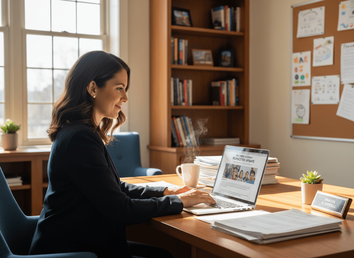 Delaware principal sending newsletter update to school community on laptop in office