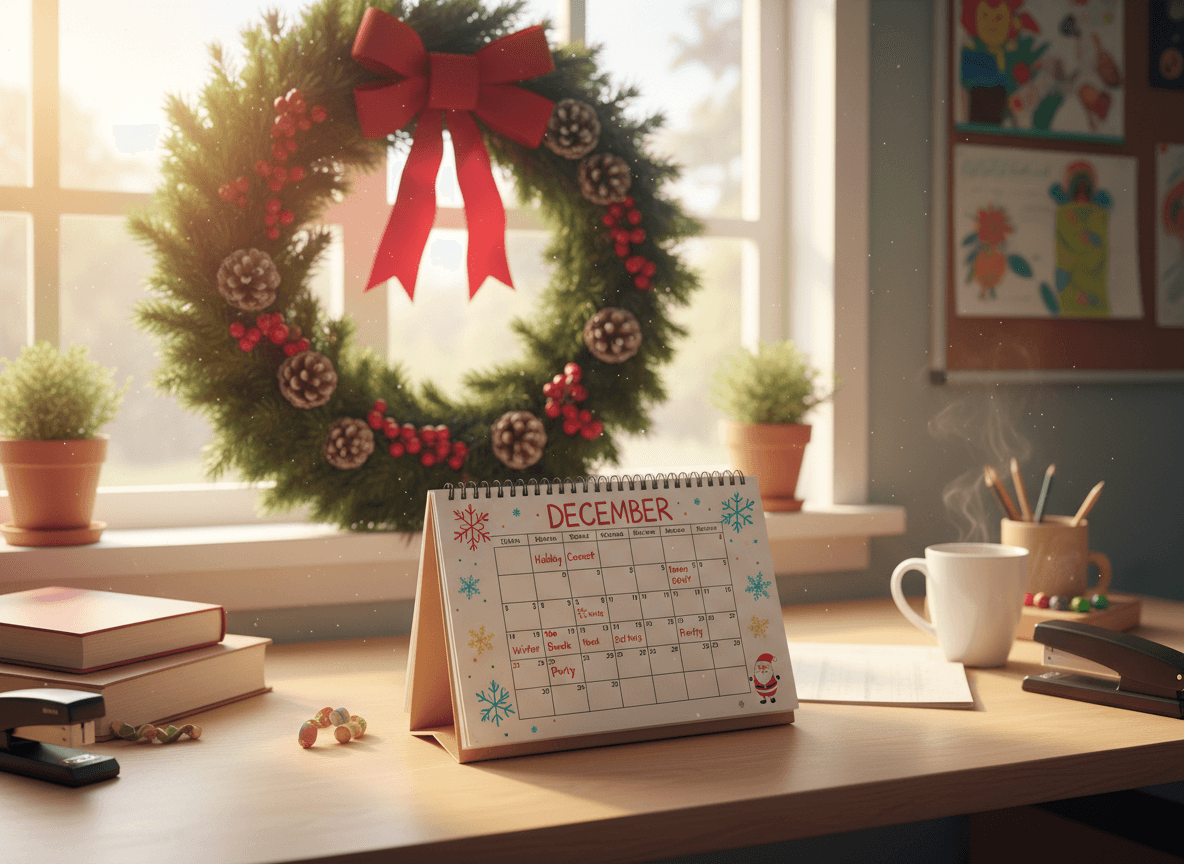 School office calendar open to December with a holiday wreath in the background