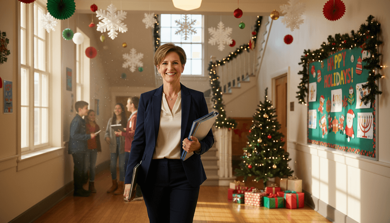 Assistant principal walking school hallways decorated for the winter holidays
