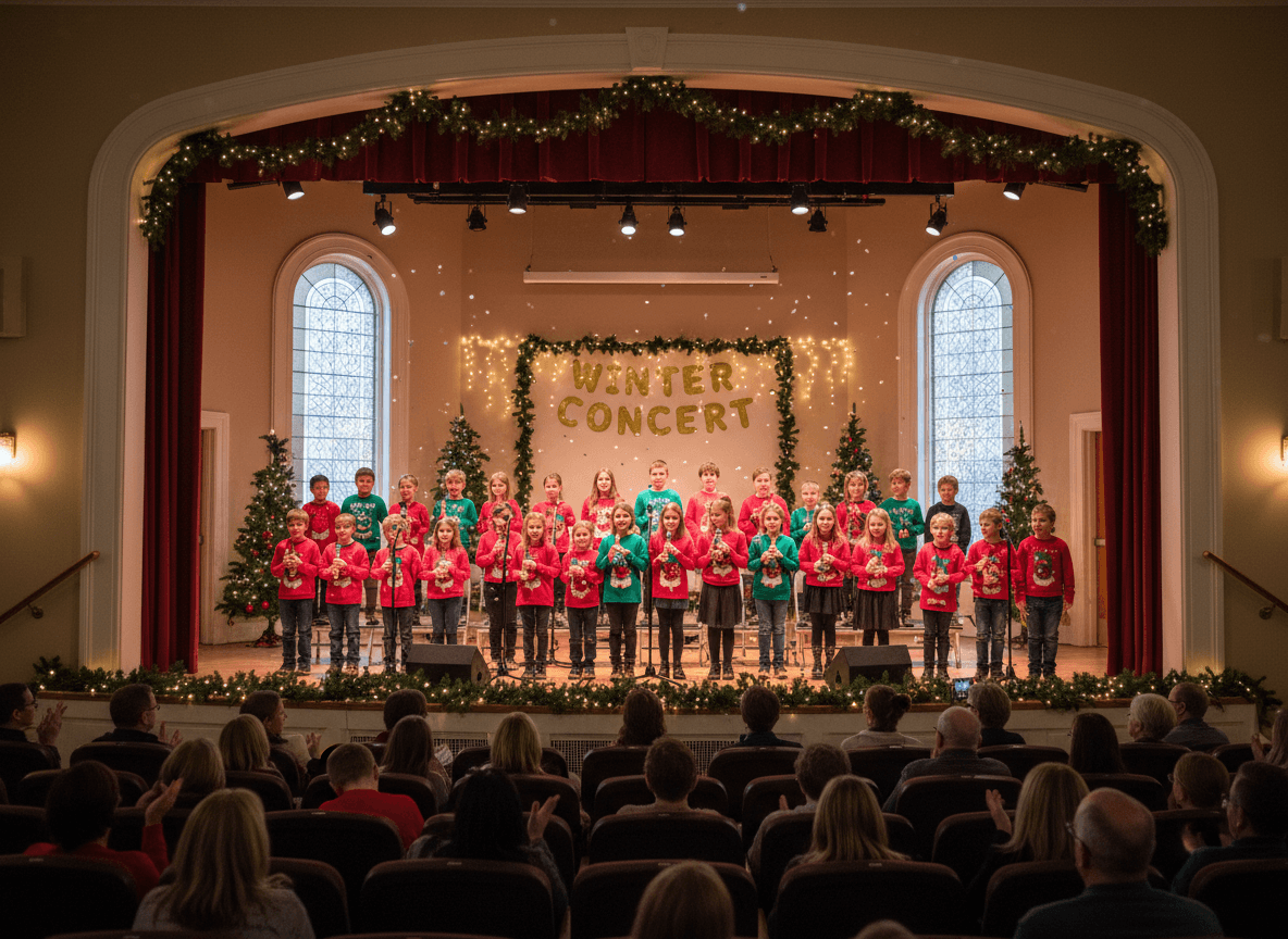 Students performing in winter concert on school stage in December