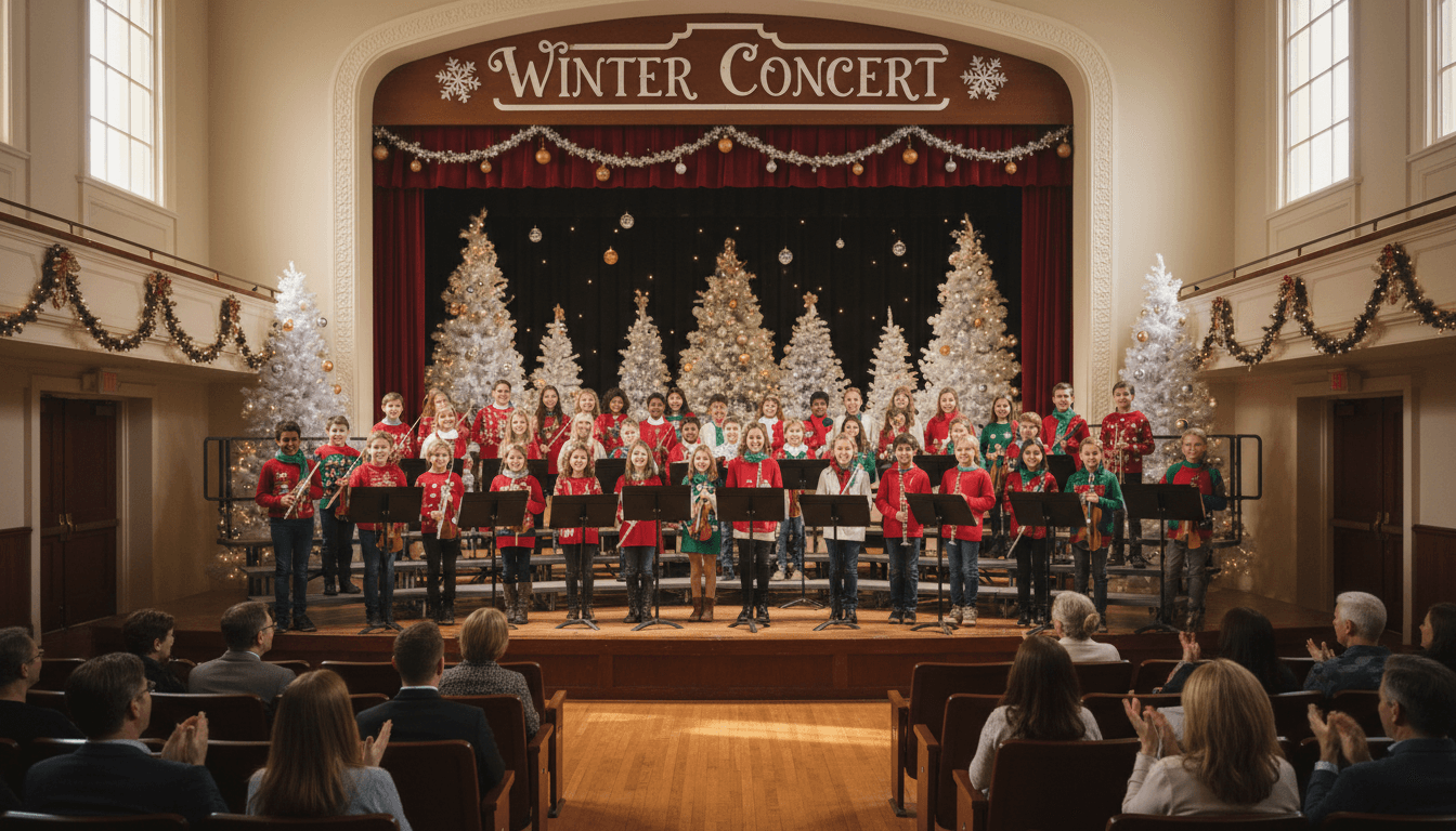 School auditorium decorated for winter concert performance with students on stage in December