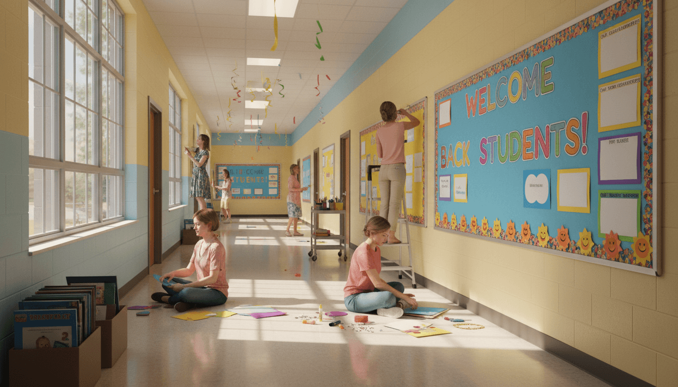 Elementary school hallway in summer with fresh bulletin boards being prepared by staff for the new school year