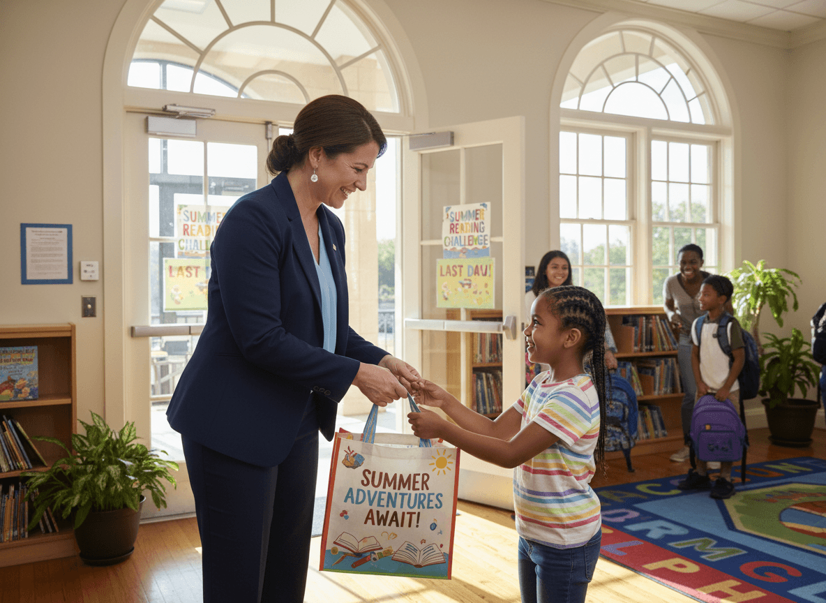 Elementary principal handing a summer reading bag to a student near the school library on the last week of school