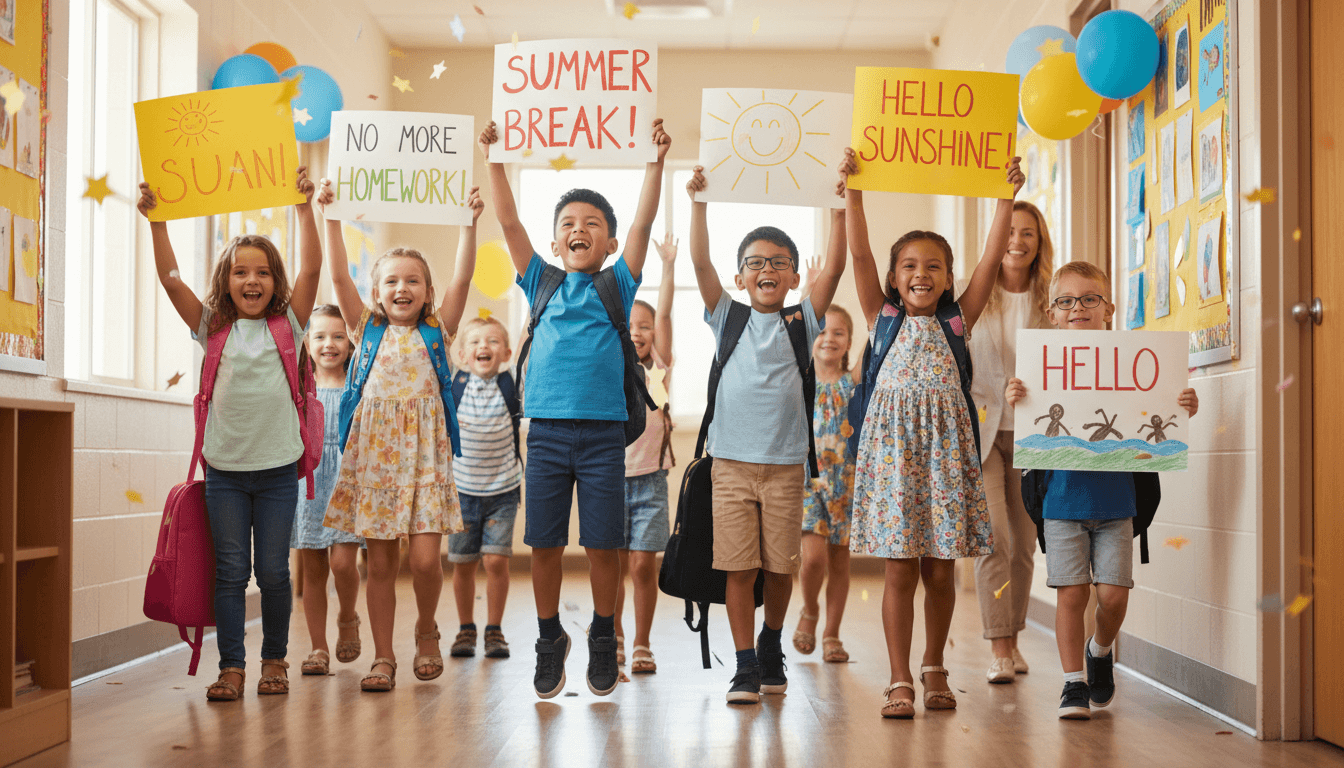 Elementary school students celebrating the last day of school with backpacks and hand-drawn summer signs