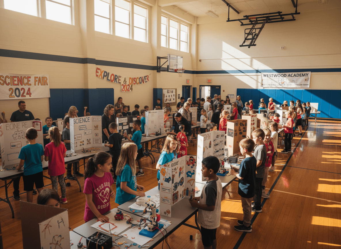 Elementary students participating in a STEM science fair event in the school gymnasium