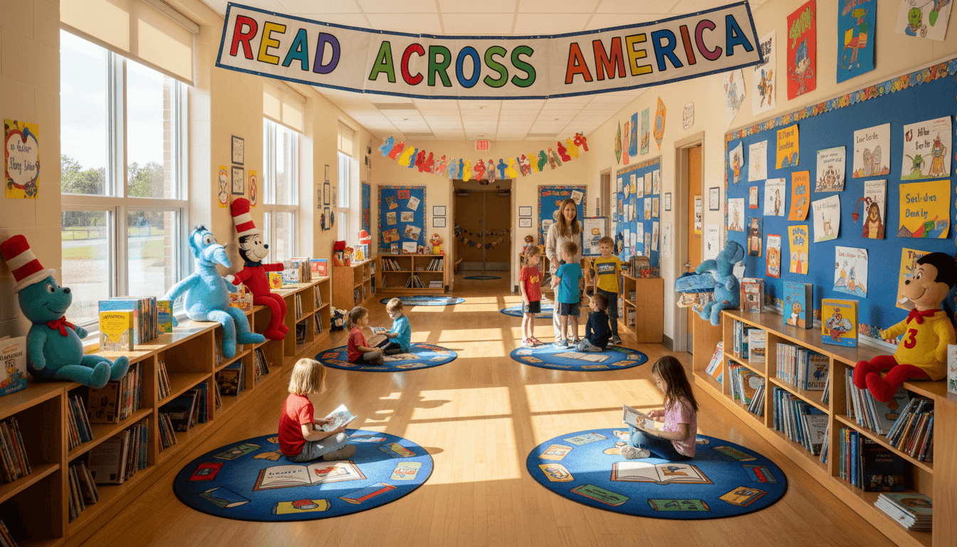 Elementary school hallway decorated for Read Across America with colorful book displays and student artwork