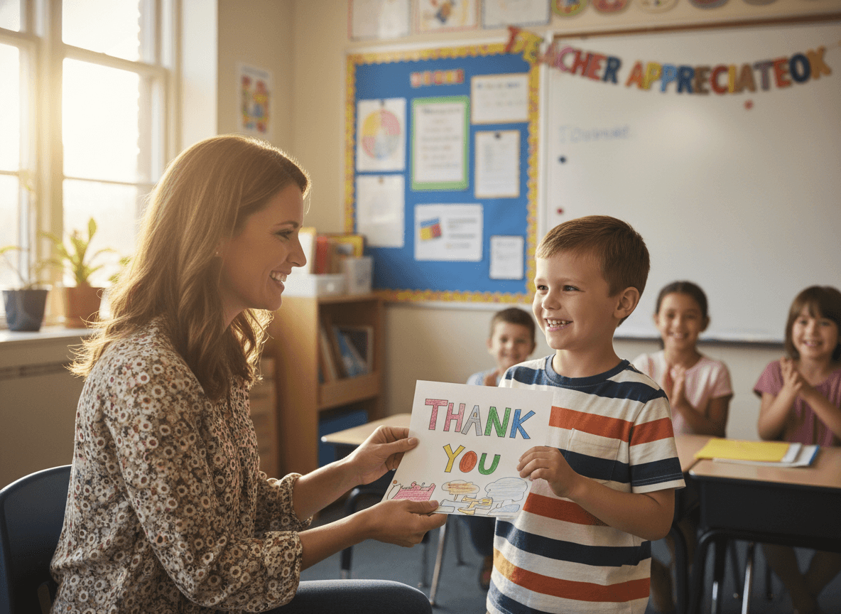 Elementary school teacher receiving an appreciation card from a student during Teacher Appreciation Week