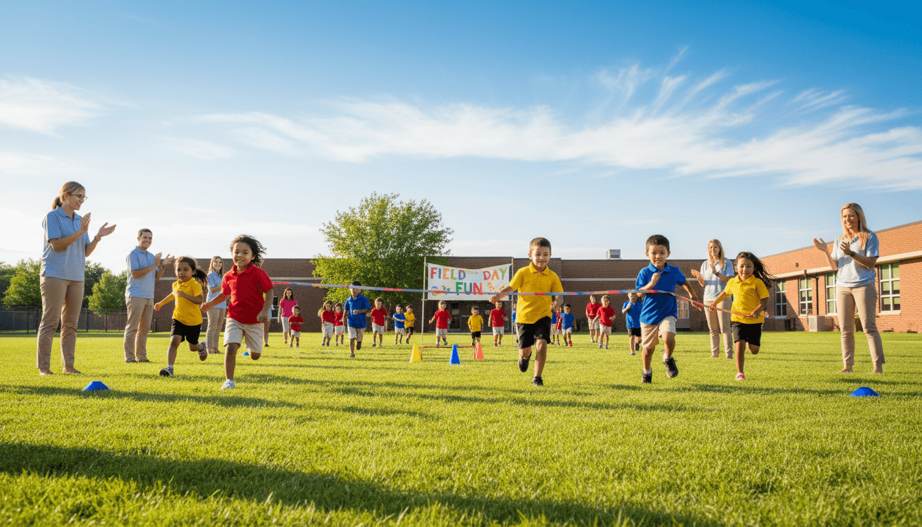 Elementary school field day with students running races on the school lawn under a bright blue sky