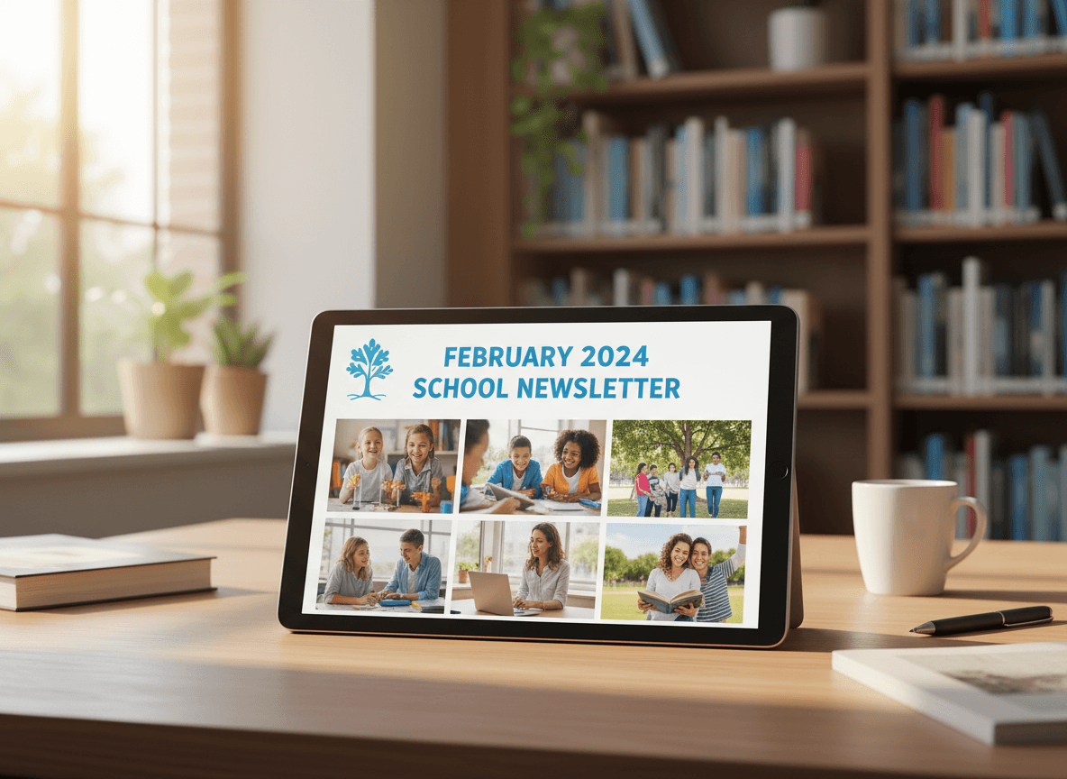 February school newsletter displayed on tablet with school community photos